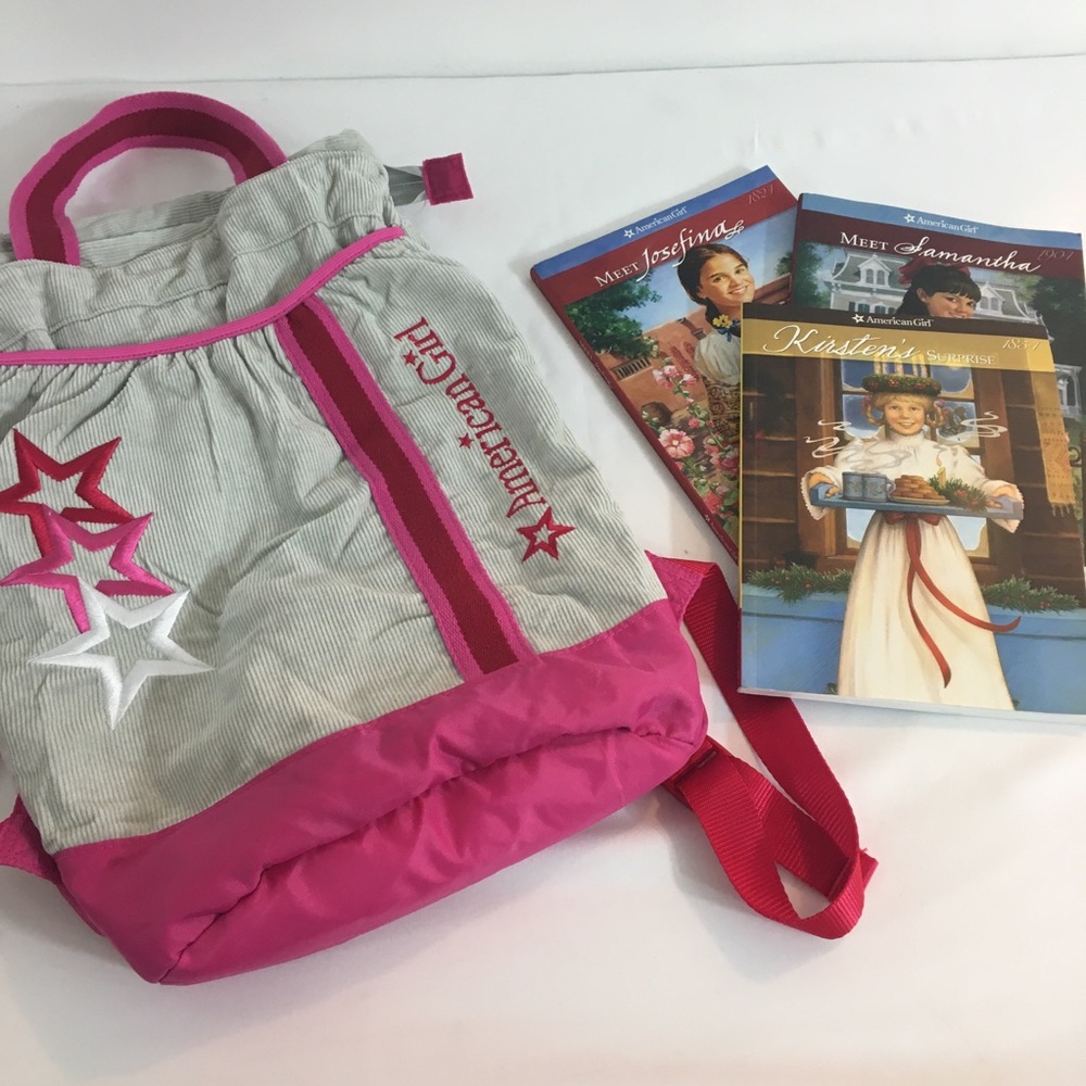 American girl gray backpack and books bundle